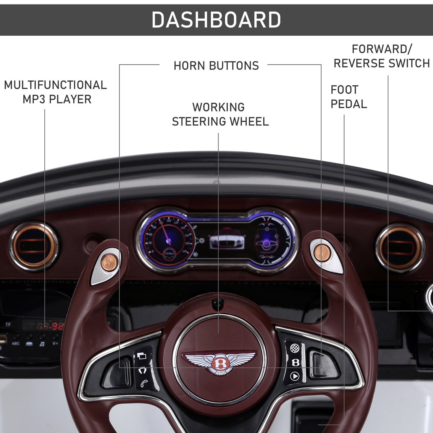 Kids Electric Ride on Car Bentley Licensed 12V Children Twin Motors with Lights Music Parental Remote Control-White  Aosom IE