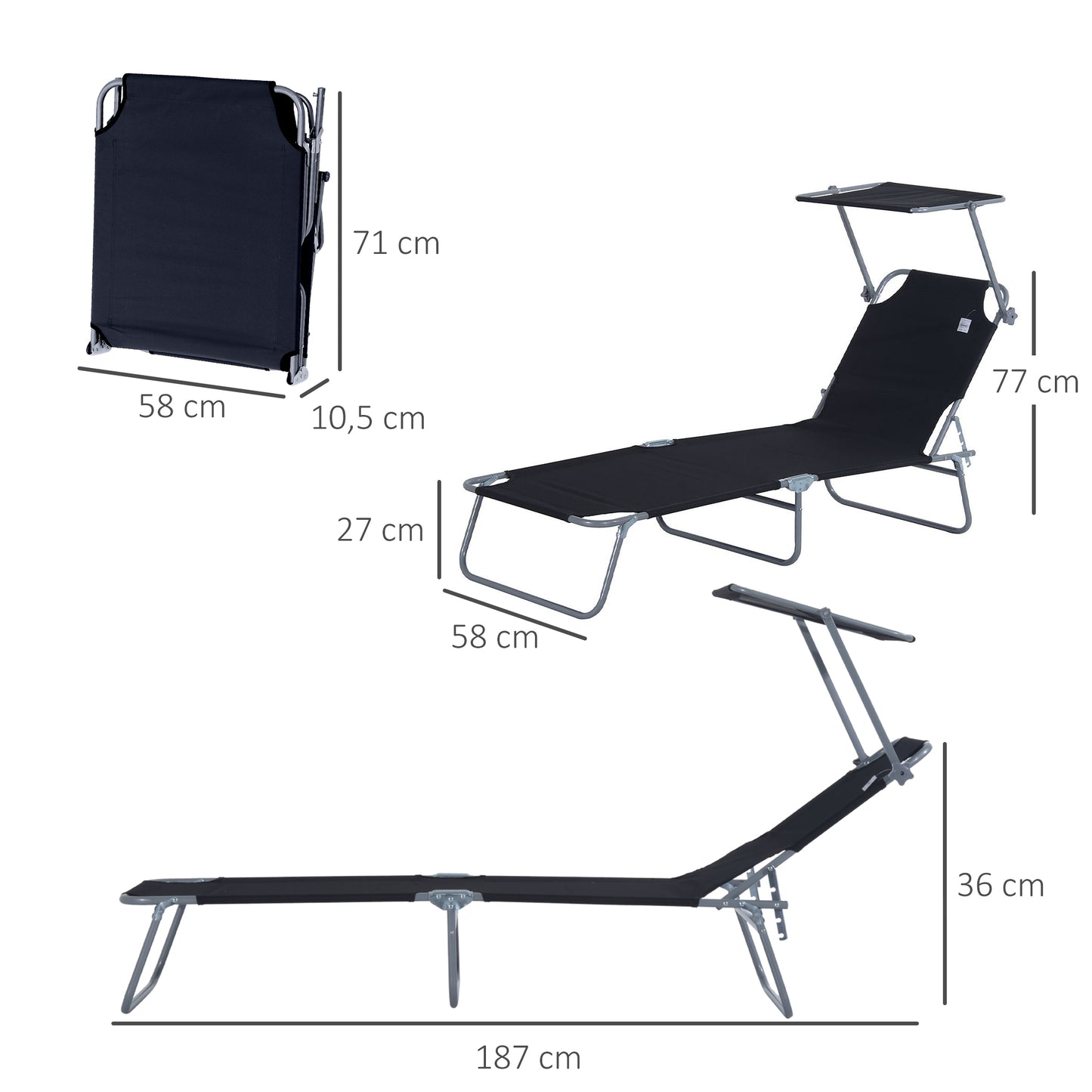 Adjustable Lounger Seat with Sun Shade-Black