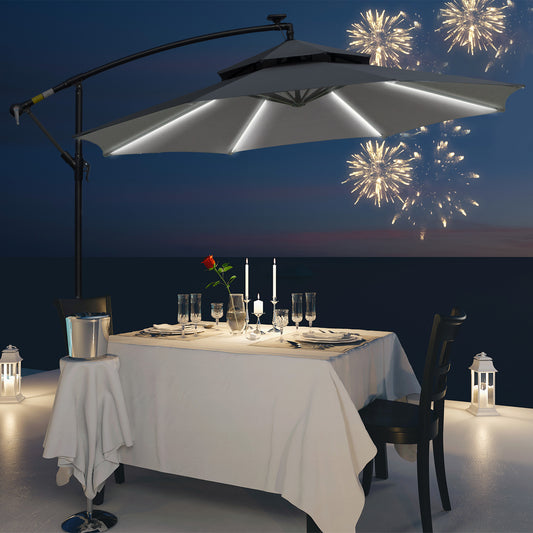 Outsunny 3(m) Cantilever Banana Parasol Hanging Umbrella with Double Roof, LED Solar lights, Crank, 8 Sturdy Ribs and Cross Base for Outdoor, Garden