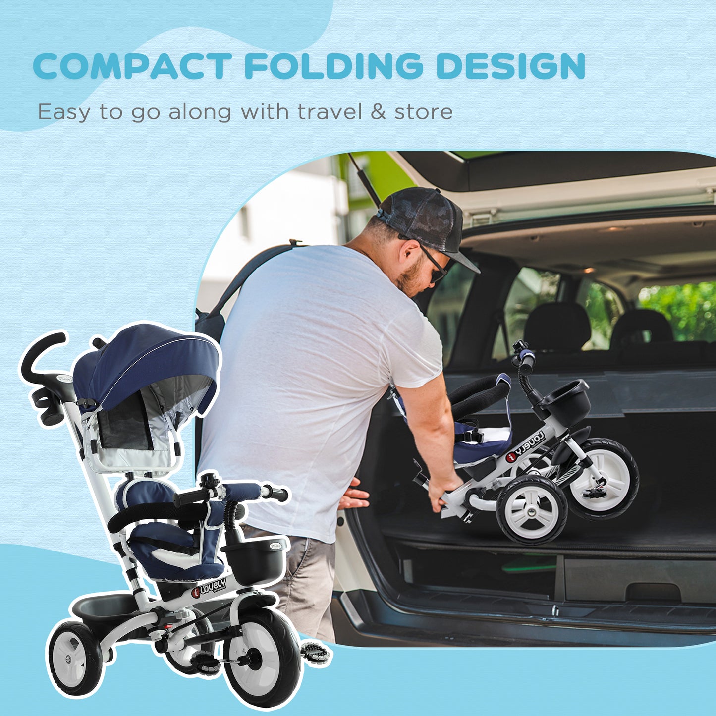 4-in-1 Baby Tricycle Stroller Kids Folding Trike Detachable w/ Canopy Blue