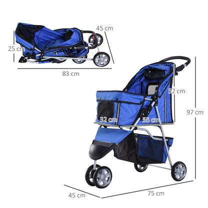 Cat Stroller Pram  Pushchair, Foldable, W/Three Wheels-Blue