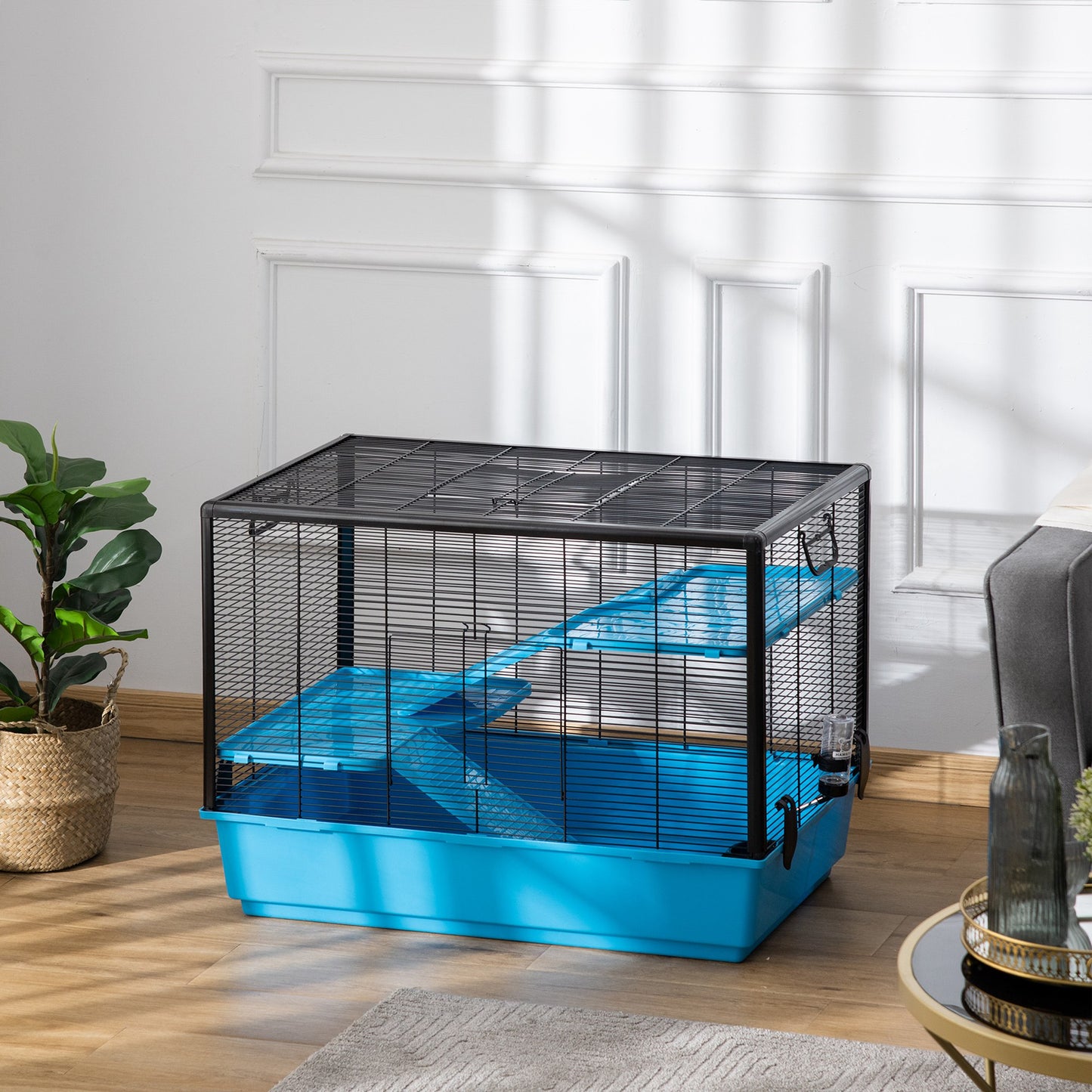 PawHut Hamster Cage Small Animal Cage Habitat for Guinea Pigs Chinchillas With Accessories, 80x48x58 cm, Light Blue 