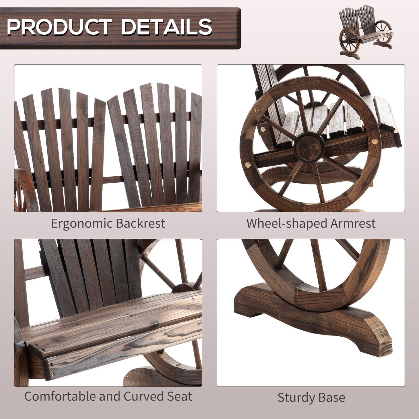 Comfortable Fir Logs Love Chair with Wheel-Shaped Armrests, Outdoor Wooden Loveseats, Carbonized color