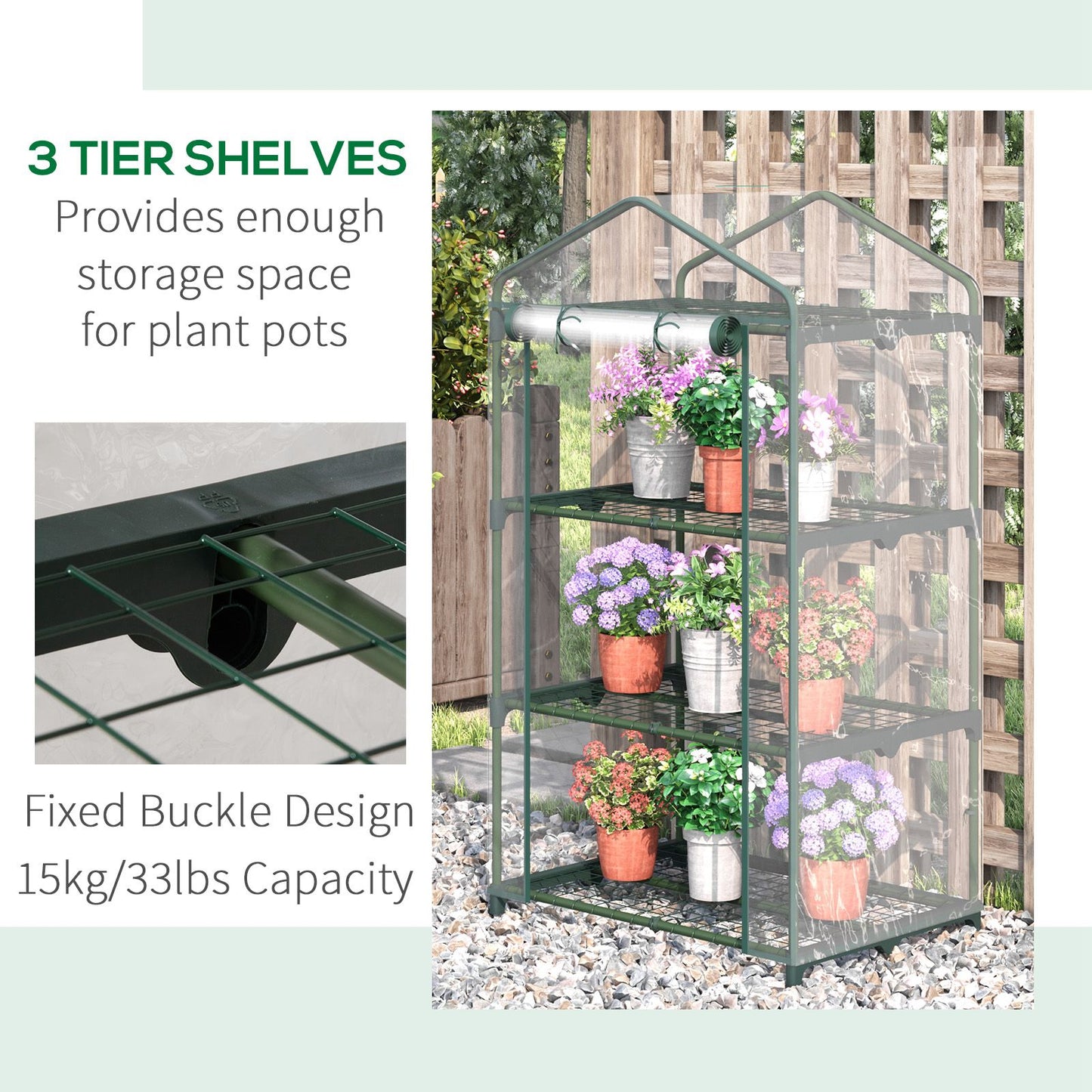 Small Green House, 3 Tier, Portable, Garden Grow House w/ Roll Up Door & Wire Shelves 69L x 49W x 125H cm Clear