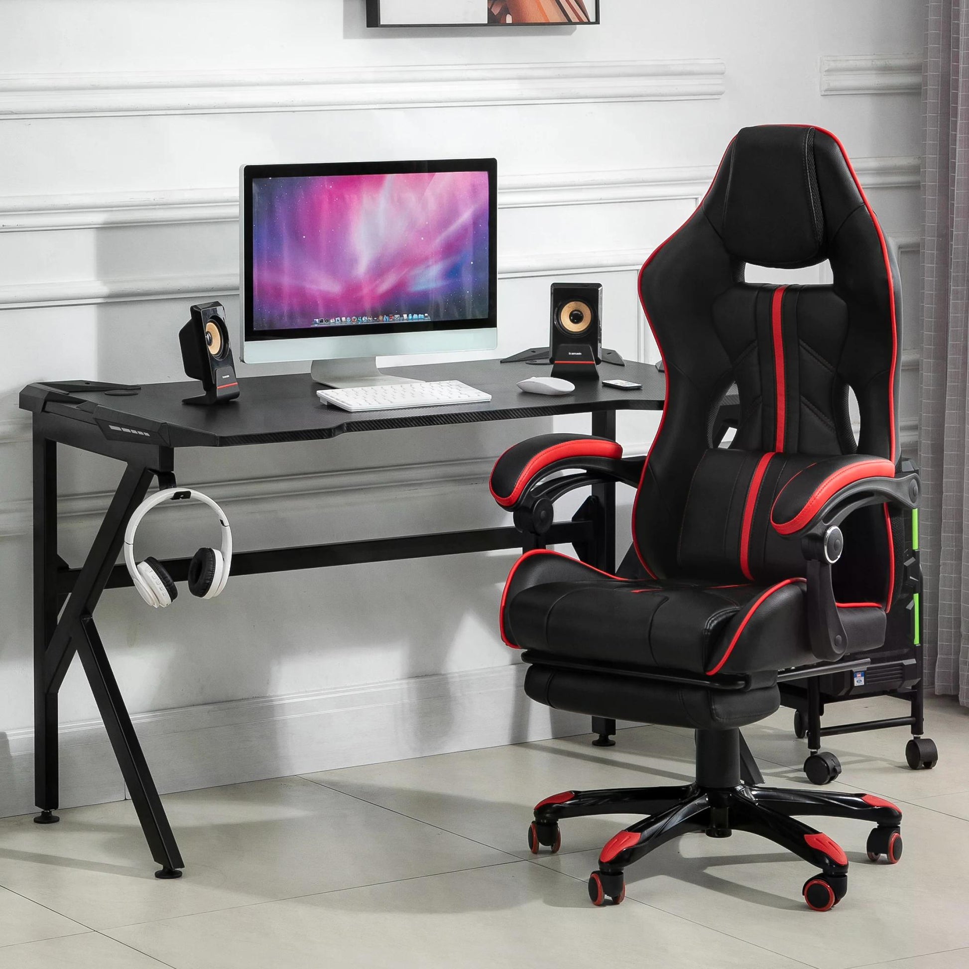 HOMCOM Gaming Desk Computer Writing Home Office Study Table with Cup Holder Headphone Hook and Cable Managment Holes Black