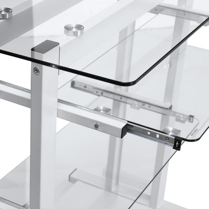 Homcom Workstation W/ Wheels-White, Transparent Glass Desk With Shelf Office Desk Study Desks Work From Home Desk Computer Table