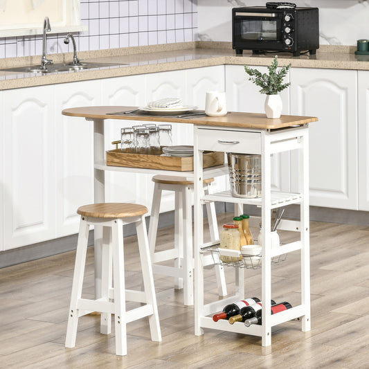 HOMCOM 3 Piece Bar Table Set, Breakfast Bar table and Stools with Storage Shelf, Drawer, Wire Basket and Wine Rack Natural and White 