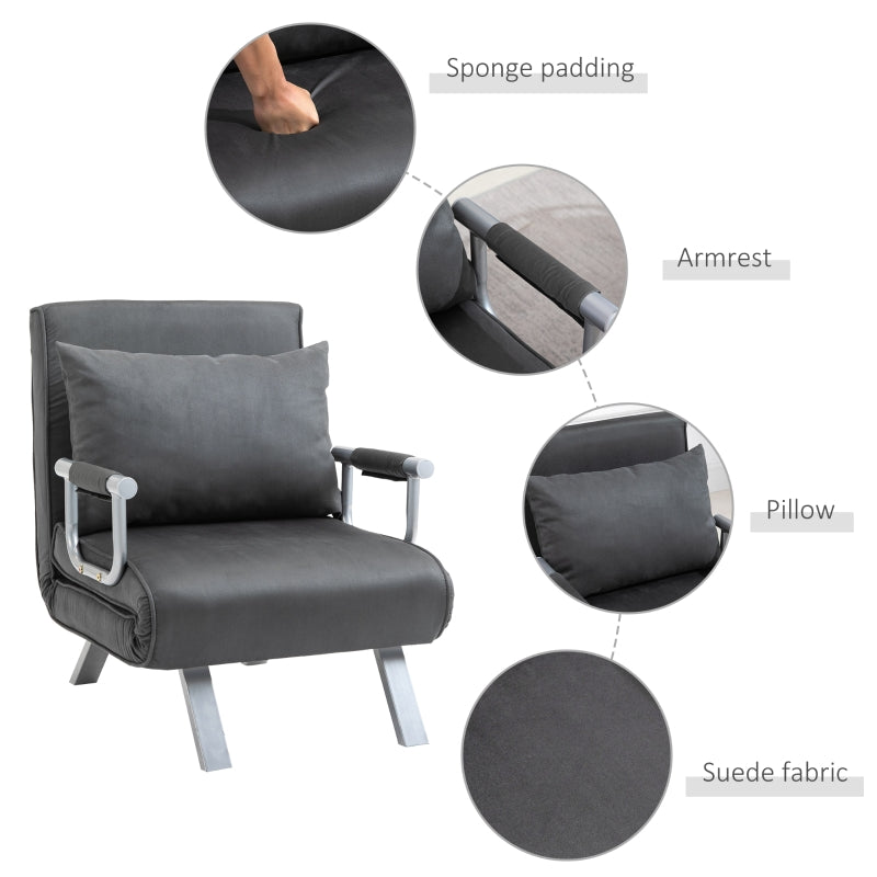 Modern 2-In-1 Design Single Sofa Bed Sleeper Foldable Portable Armchair Bed Chair Lounge Couch with Pillow for Living Room, Bedroom, Dark Grey