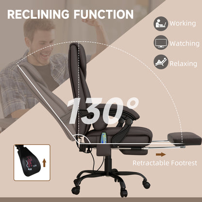 6-Point PU Leather Massage Office Chair, Reclining Chair Height Adjustable Computer Chair with Footrest, Swivel Wheels, Brown