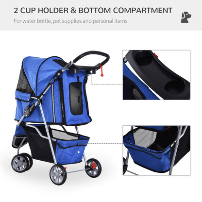 Cat Stroller Pram  Pushchair, Foldable, W/Three Wheels-Blue