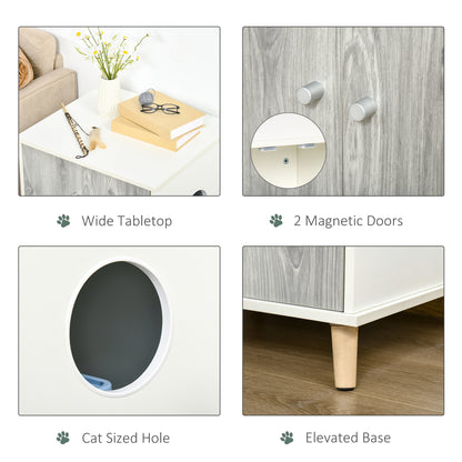 Cat Cave, Cat Litter Box, Wooden Side Table, Enclosure Washroom House Wooden Cabinet Indoor W/ 2 Magnetic Door White