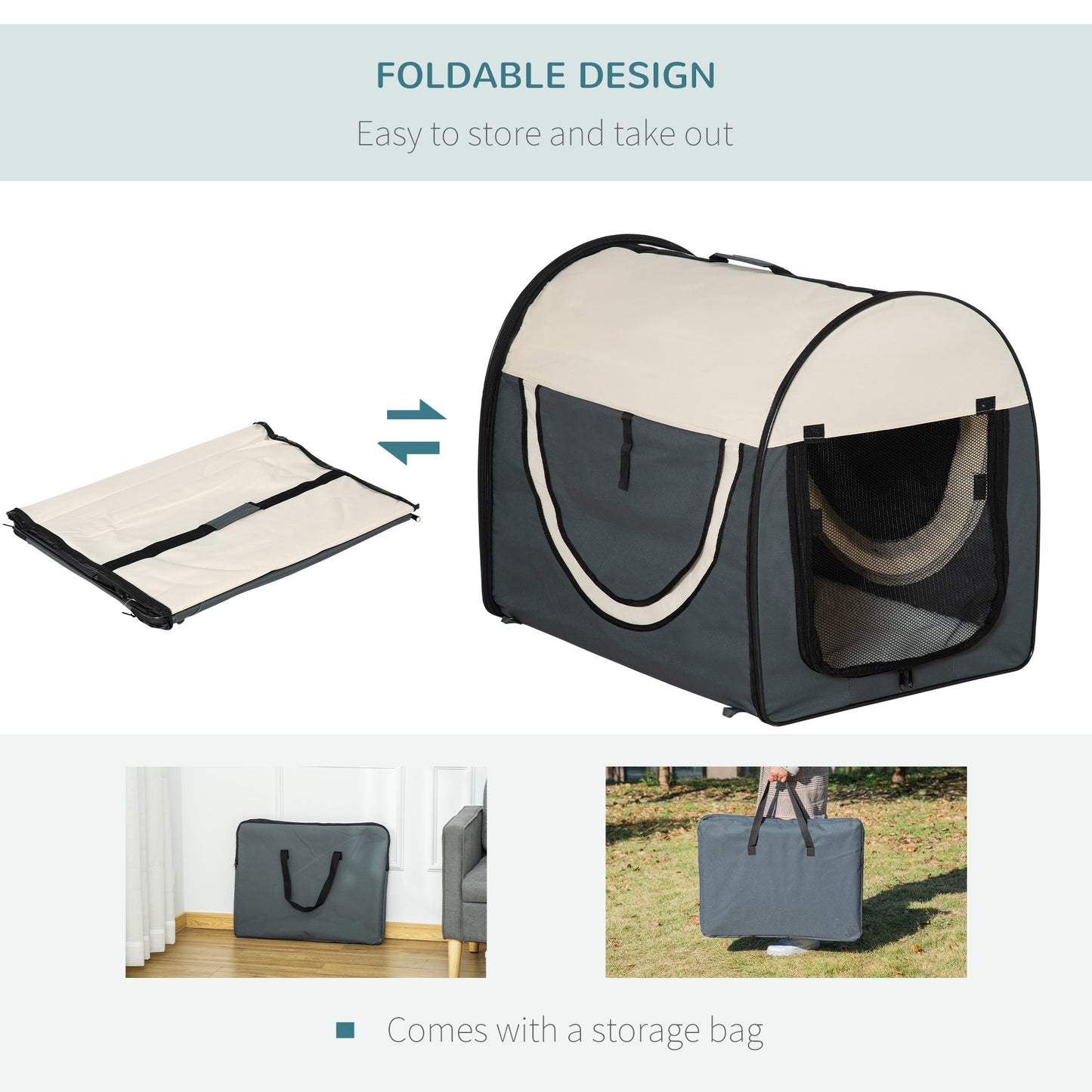 Small Dog Crate Dog Carrier Dog Travel Crate Folding Fabric Soft 70Lx51Wx59Hcm-Grey