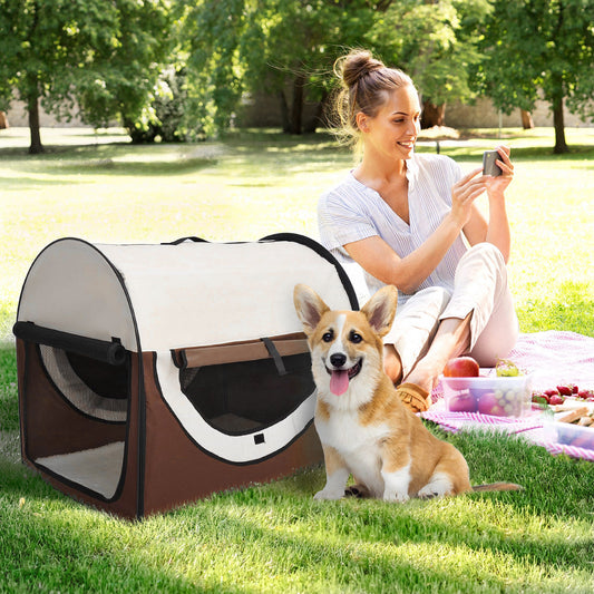 PawHut Cat Carrier, Dog Carrier, Dog Travel Crate, Folding, w/Soft Cushion Mesh Window Fabric 81Lx56Wx66Hcm-Brown 