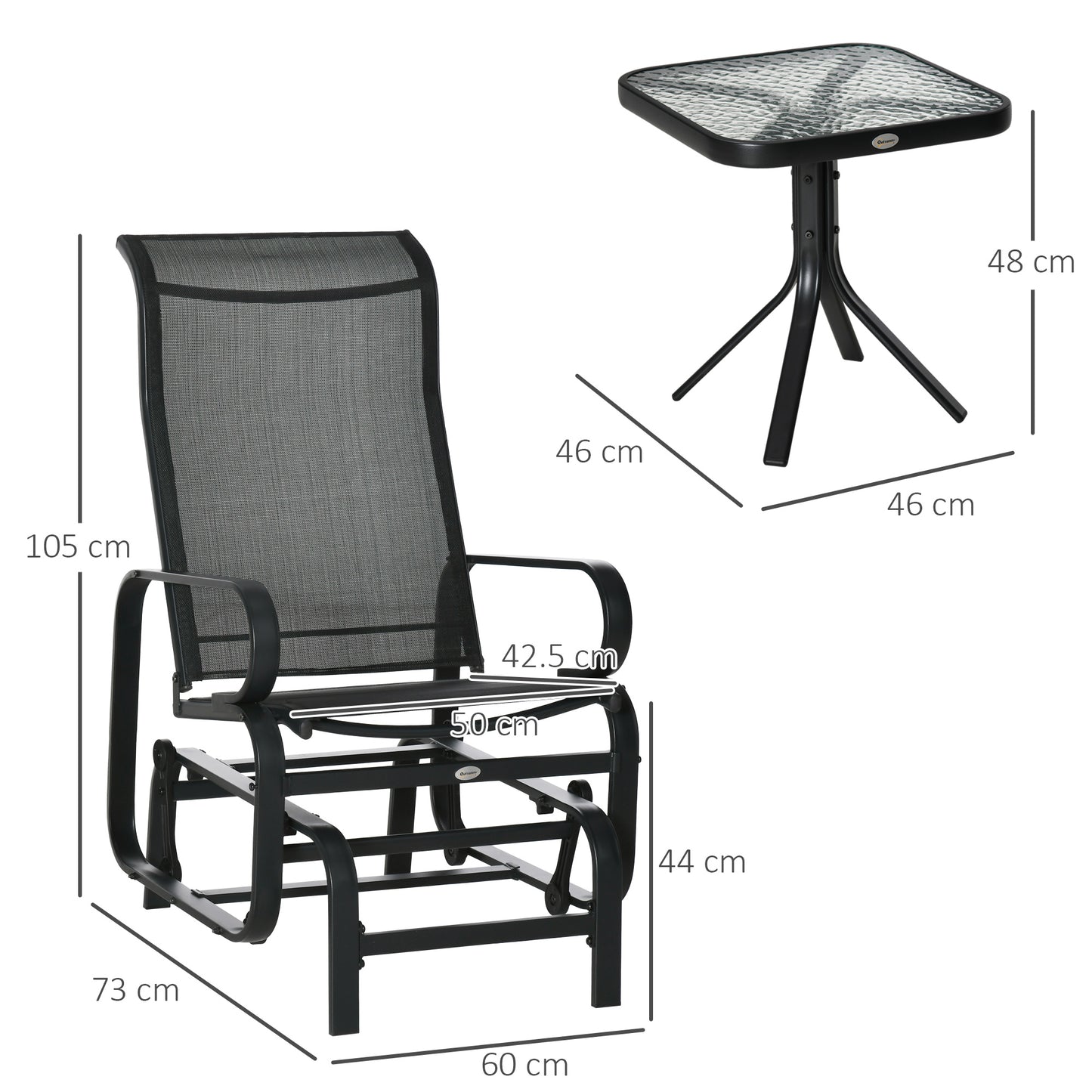 3 PCs Metal Outdoor Gliding Rocking Chair With Tea Table Patio Garden Comfortable Swing Chair Black