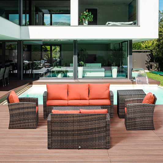 Outsunny 6 Piece Outdoor Rattan Wicker Sofa Set Sectional Patio Conversation Furniture Set w/ Storage Table & Cushion Mixed Brown 