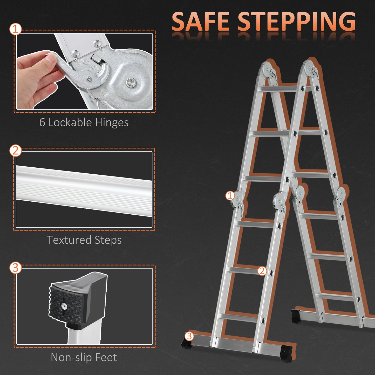 3.4M 5-in-1 Telescoping Ladder with 2 Safety Platforms, Alloy Aluminium Multi Purpose 4-Fold Collapsible Ladder with 12 Steps