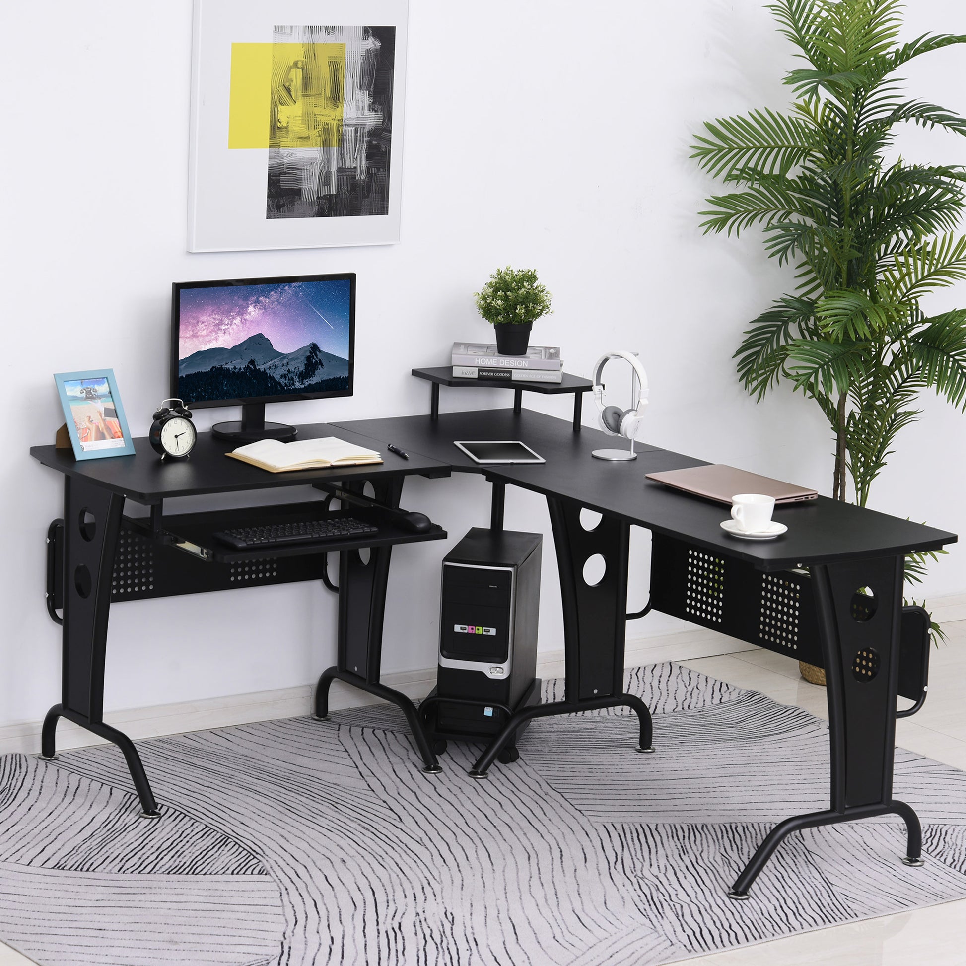 HOMCOM L-Shaped Corner Desk Steel MDF Top w/ Keyboard Tray Black 