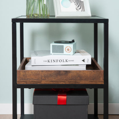 Glass Top Side Table, Industrial, with Storage Shelves, with Steel Frame for Living Room Rustic Brown