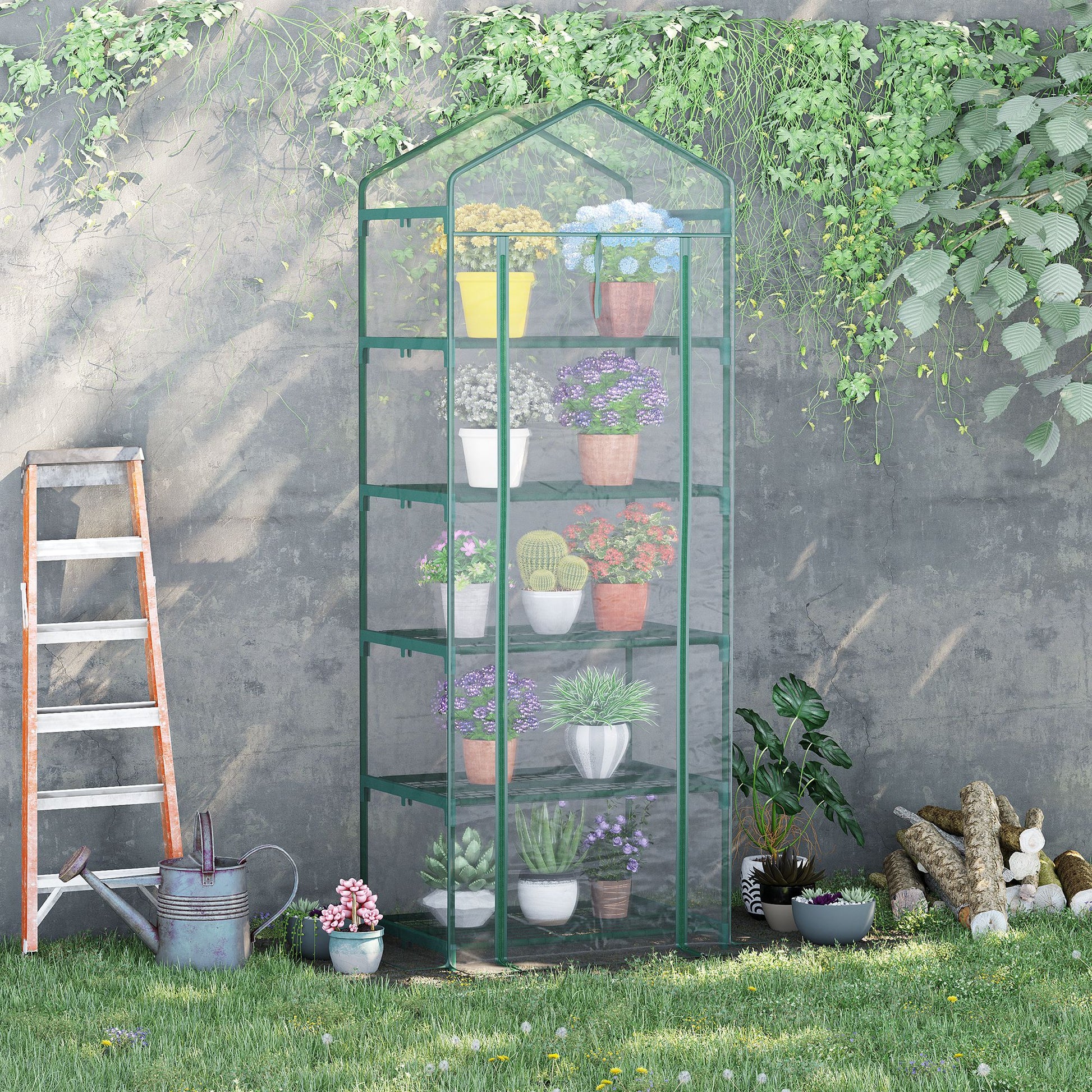 Outsunny 5 Tier house Outdoor Flower Stand PVC Cover Portable Shed Metal Frame Transparent 69 x 49 x 193cm 