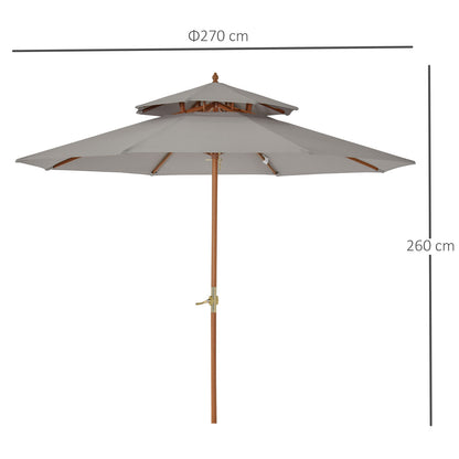 2.7 m Double Tier Outdoor Patio Garden Sun Umbrella Sunshade Wooden Parasol Grey