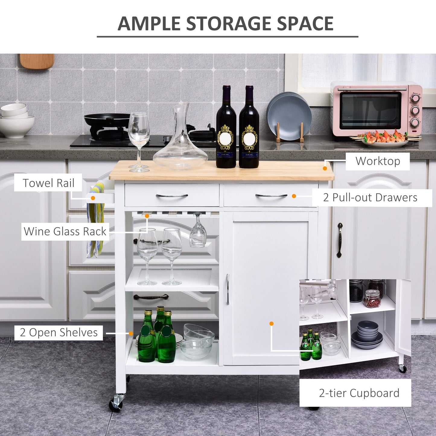 Kitchen Trolley on Wheels, Shelves Towel Rail 2 Drawers Wine Glass Rack