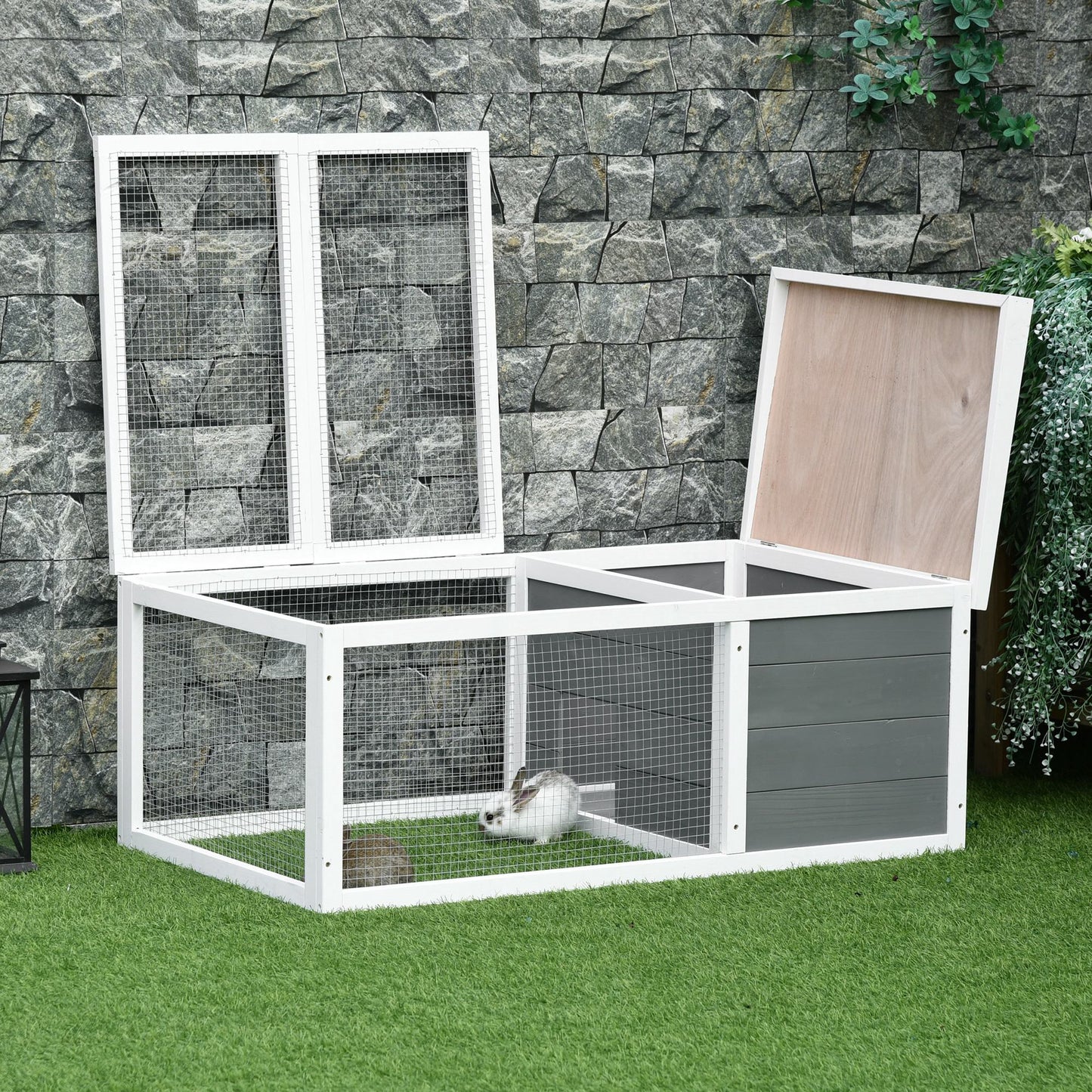 Indoor Outdoor Wooden Rabbit Hutch Small Animal Cage Pet Run Cover, with UV-resistant Asphalt roof and Water-repellent Paint