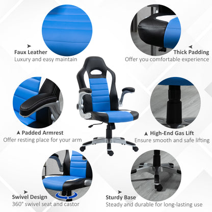 Leather Desk Office Chair, Height Adjustable Swivel Chair With Tilt Function, Flip Up Armrests, Blue