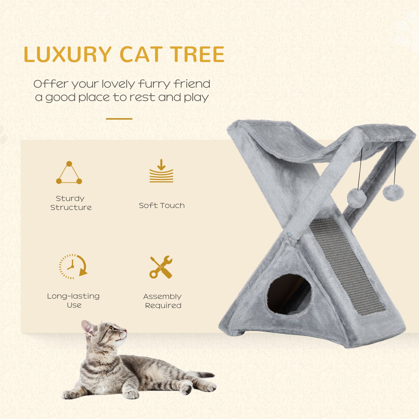 Cat Scratching Tree, 65cm, Foldable, for Kitten, w/Hammock Bed, 2 Haning Balls, Grey