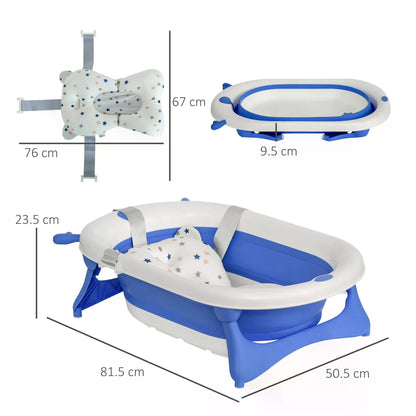 Collapsible Baby Bath Tub Foldable Ergonomic w/ Cushion Temperature Sensitive Water Plug Non-Slip Support Leg Portable Blue