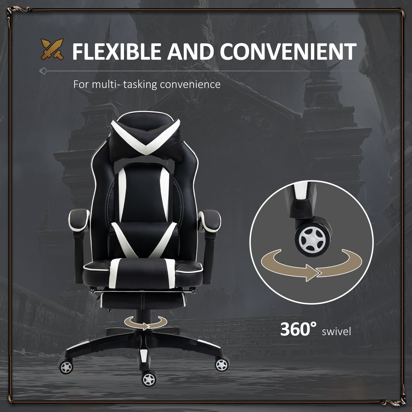 Gaming Chair with Footrest 135° Reclining High Back Racing Chair PU Leather Executive Swivel Chair with Headrest, Black White