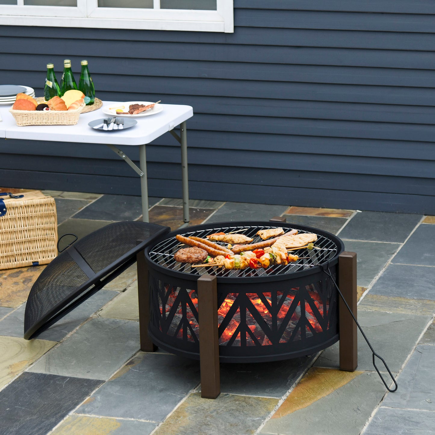 Outsunny 2-in-1 Outdoor Fire Pit Bowl with BBQ Grill Grate 30" Steel Heater with Spark Screen Cover, Fire Poker