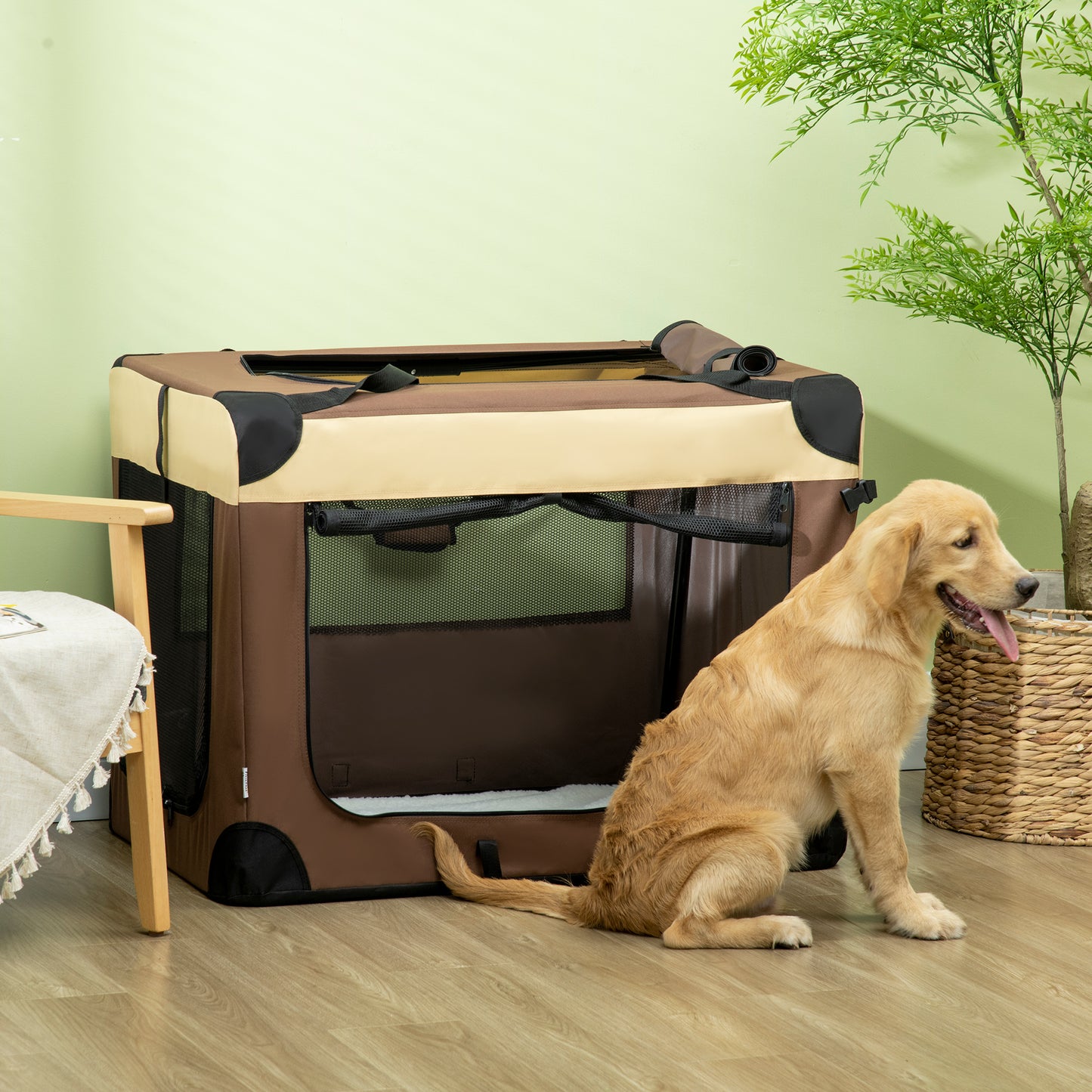 PawHut Cat Carrier, Dog Carrier, Dog Travel Crate,  Folding, Fabric Soft, Cushion Included, 91Lx63Wx65Hcm-Brown 