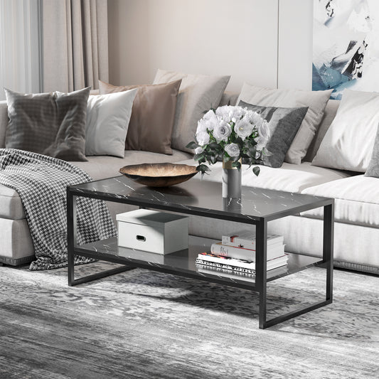 HOMCOM Black Marble Coffee Table, Steel Frame 