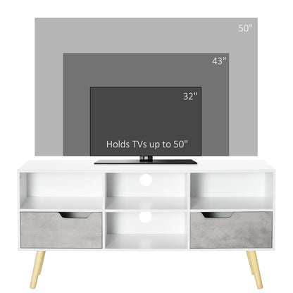 Television Shelf, with 2 Drawers, 4 Open Compartments, Cable Management for 50" TVs for Living Room, Light Grey