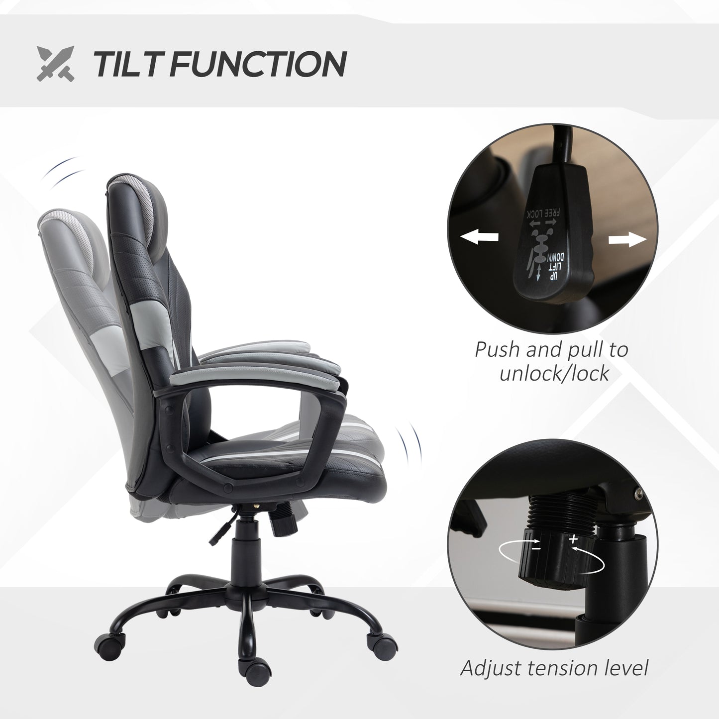 Black Leather Desk Chair,with Wheels, Height Adjustable, Rocking Function,  Black Grey