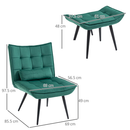 Reading Chair with Footstool, Armless, Modern Tufted Upholstered Lounge Chair w/ Pillow, Steel Legs for Living Room, Green