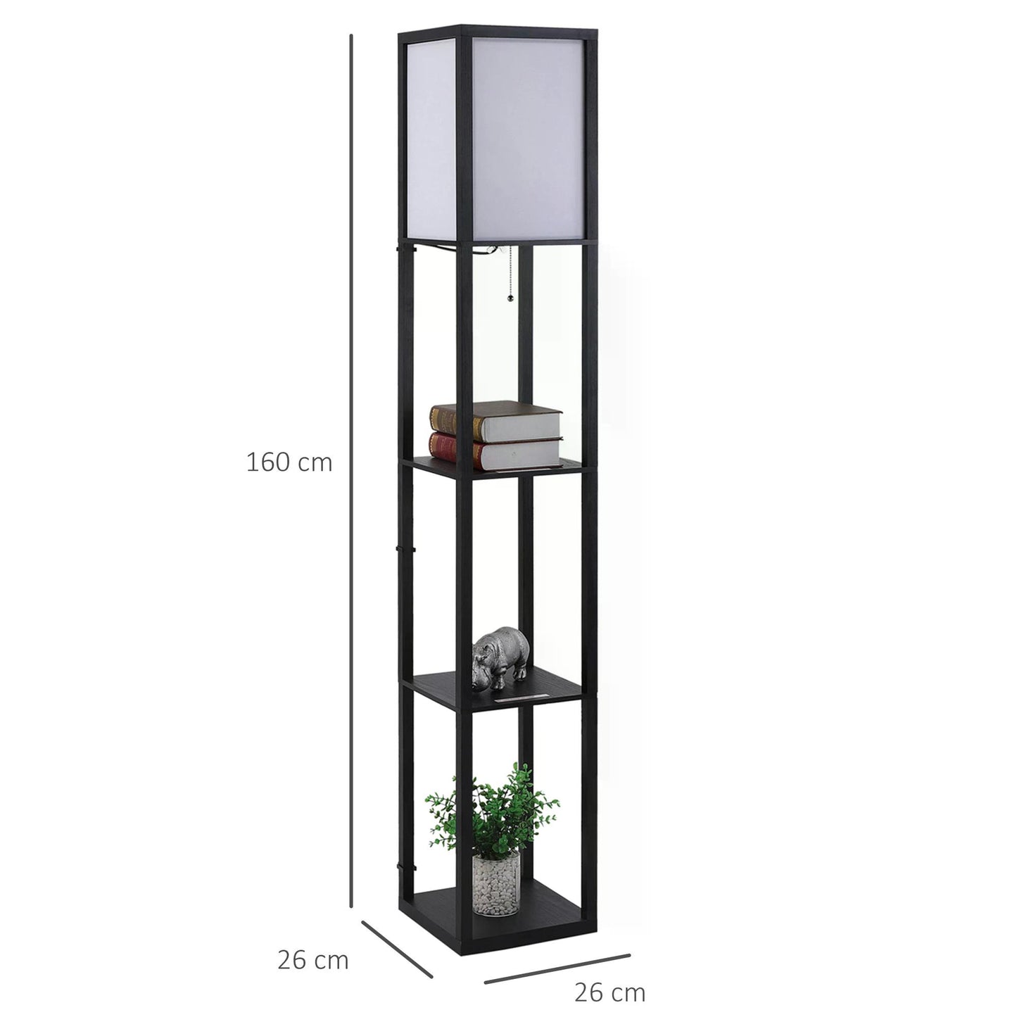 Shelf Floor Lamp, 4-tier Open Shelves, 26L x 26W x 160Hcm-Black/White