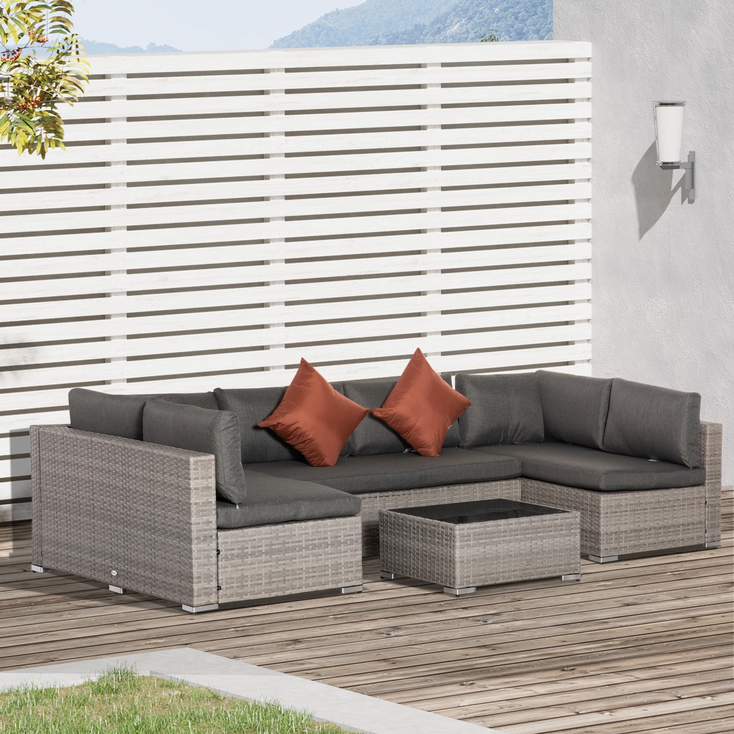 Outsunny Garden Rattan Furniture 6-Seater PE Rattan Sofa Set, Outdoor All Weather Conservatory Furniture, w/ Tempered Glass Coffee Table, Deep Grey