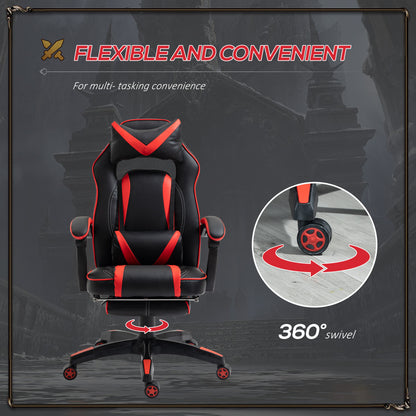 Reclining Gaming Chair with Footrest, Ergonomic, PU Leather Executive Swivel Chair with Headrest, Red and Black