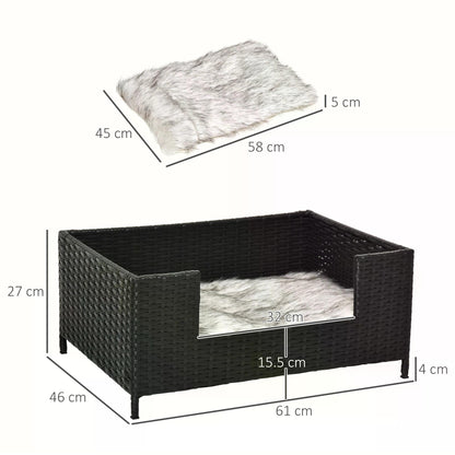 Rattan Dog Bed Four Feet Dog House Hand-knitted Metal Small Animal Sofa Rattan with Soft Machine Washable Cushion Black