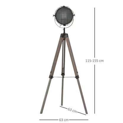 Floor Spotlight, Industrial Tripod Floor Lamp, Pine Wood, Tempered Glass Lens, Non-slip Feet w/Silver U-shaped Bracket, Bedside