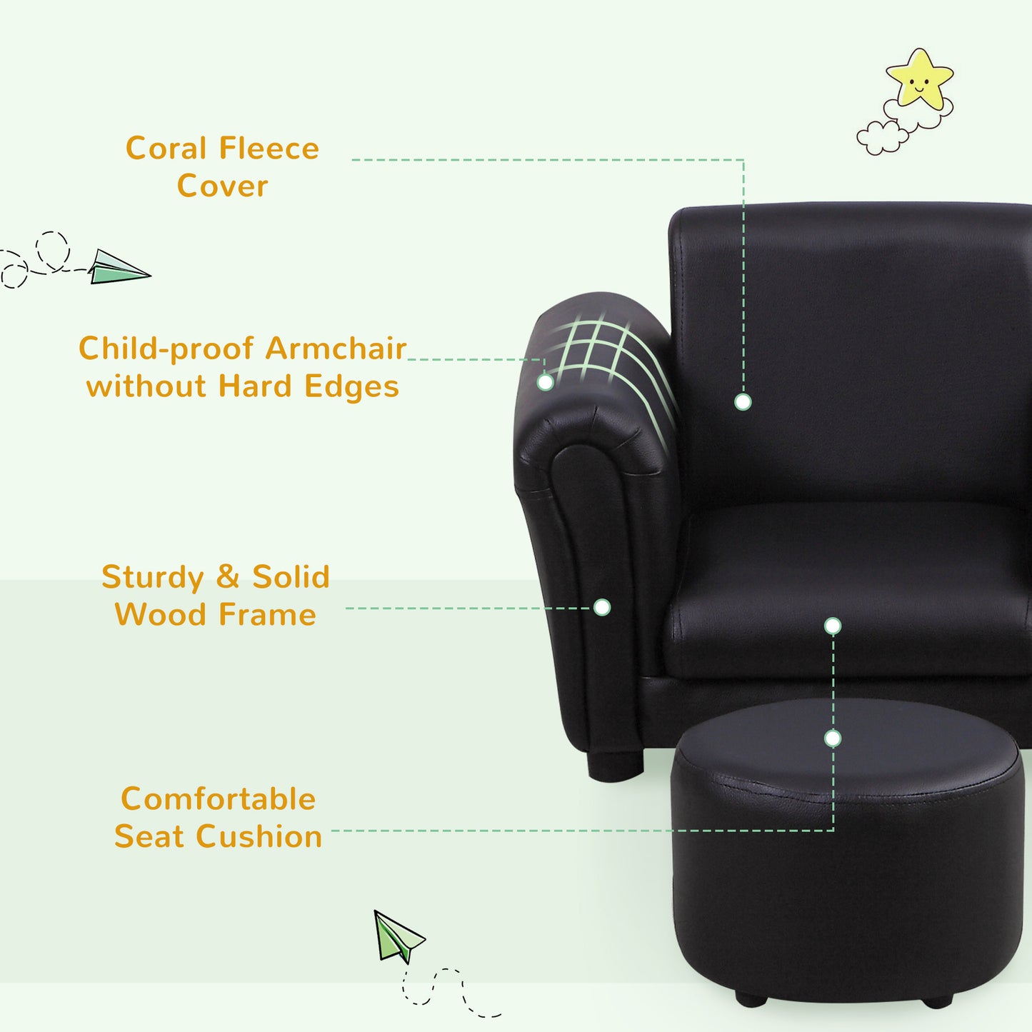 Childrens Armchair, W/Footstool-Black