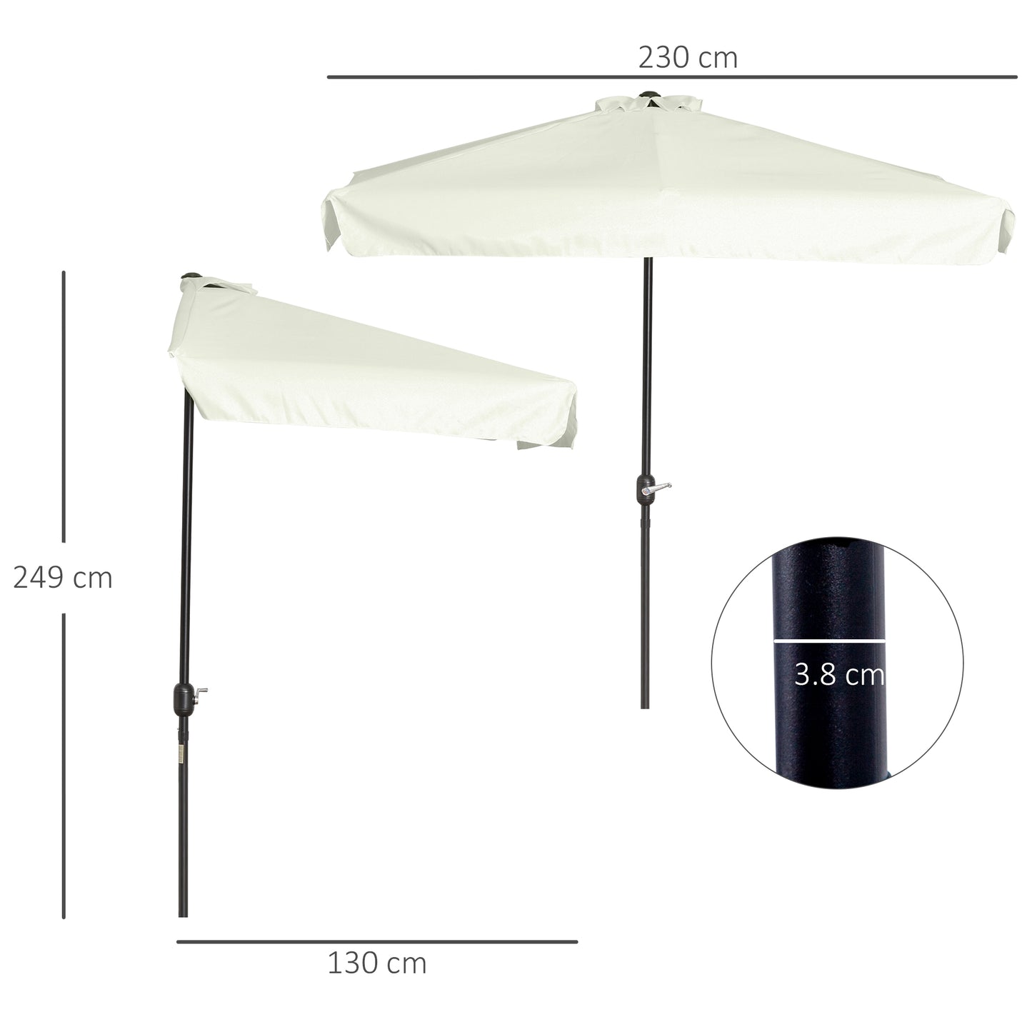 2.3m Half Parasol Semi Round Umbrella Patio Metal Frame Crank Handle for Balcony-- NO BASE INCLUDED, Cream White