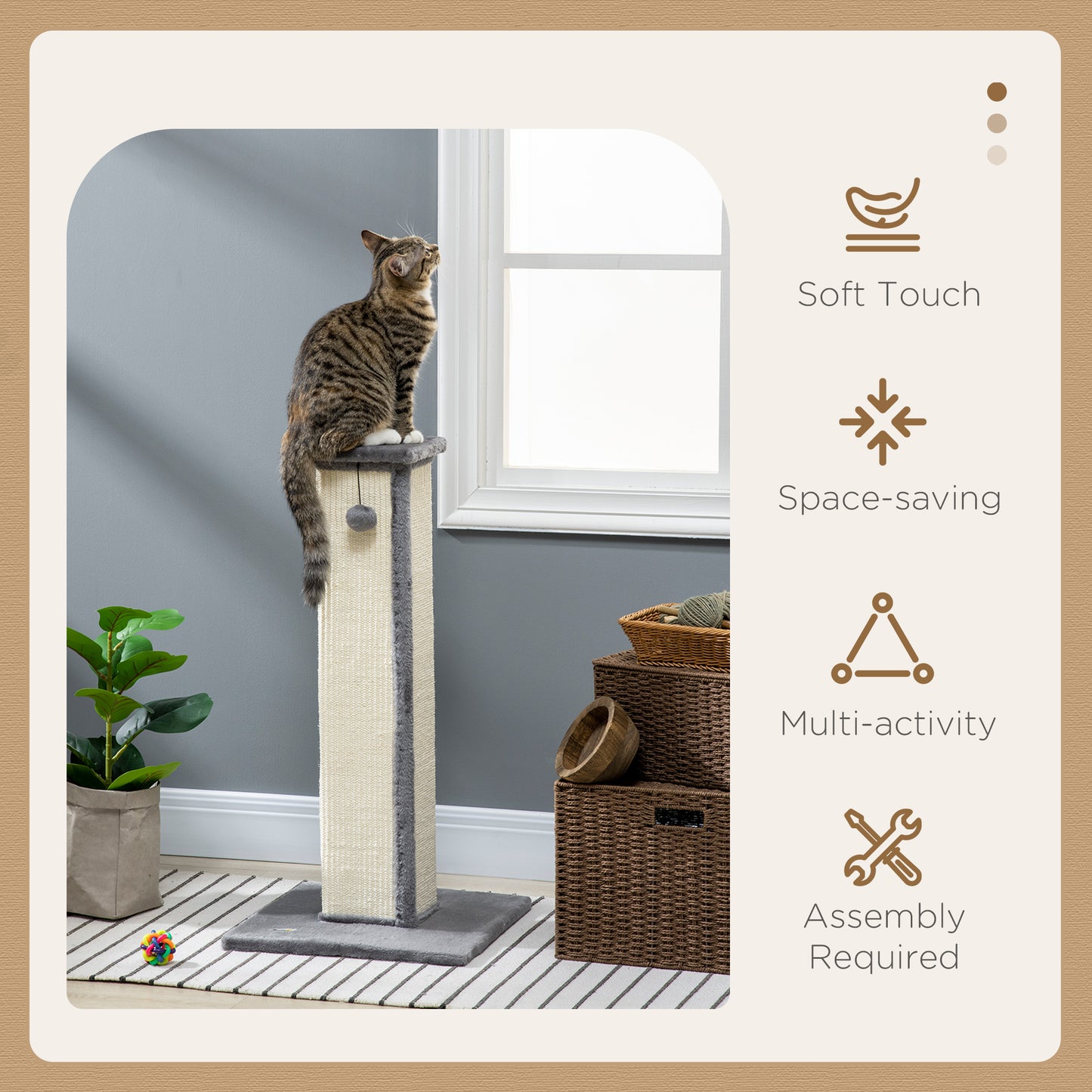 81cm Cat Scratcher, Vertical Full Scratcher with Natural Sisal Rope, Hanging Ball and Soft Plush, Grey