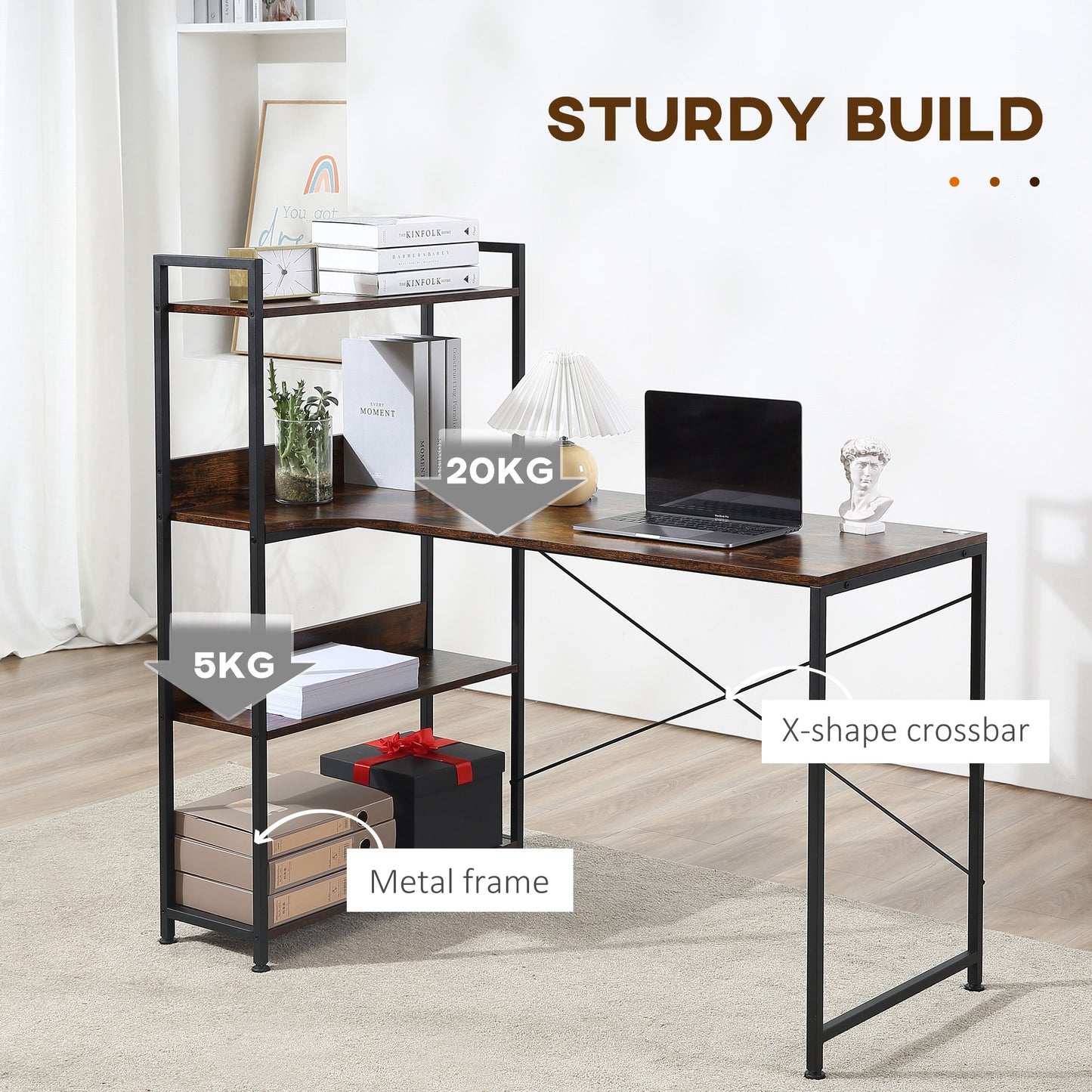 L Shaped Desk with Storage, w/4-Tier Storage Shelf Metal Frame