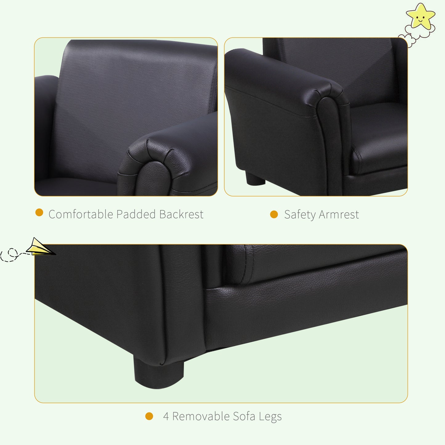 Childrens Armchair, W/Footstool-Black