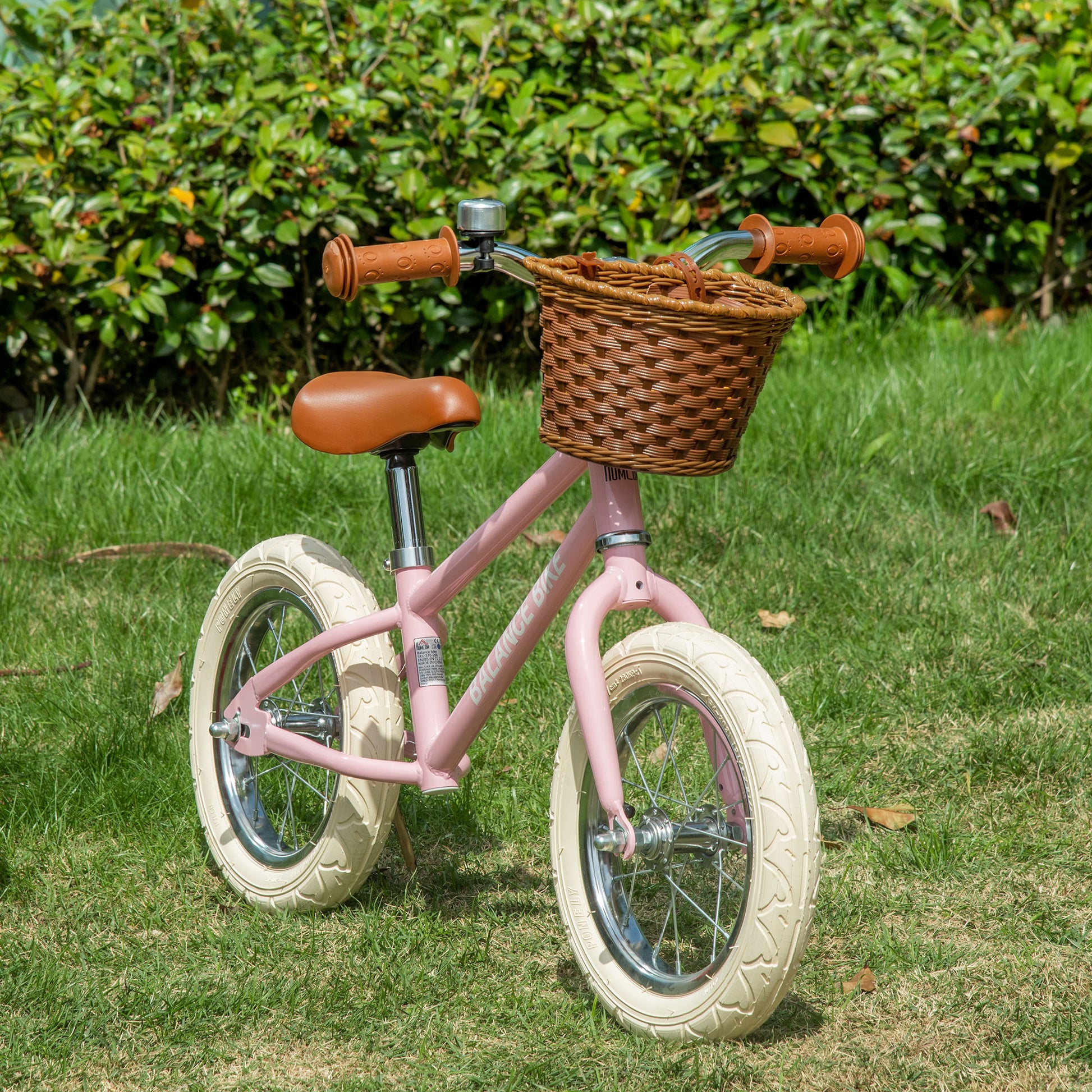 HOMCOM 12 Inch Kids Balance Bike Toddler No Pedal Training Bicycle with Rubber Tires Adjustable Handlebar Basket Bell Pink 