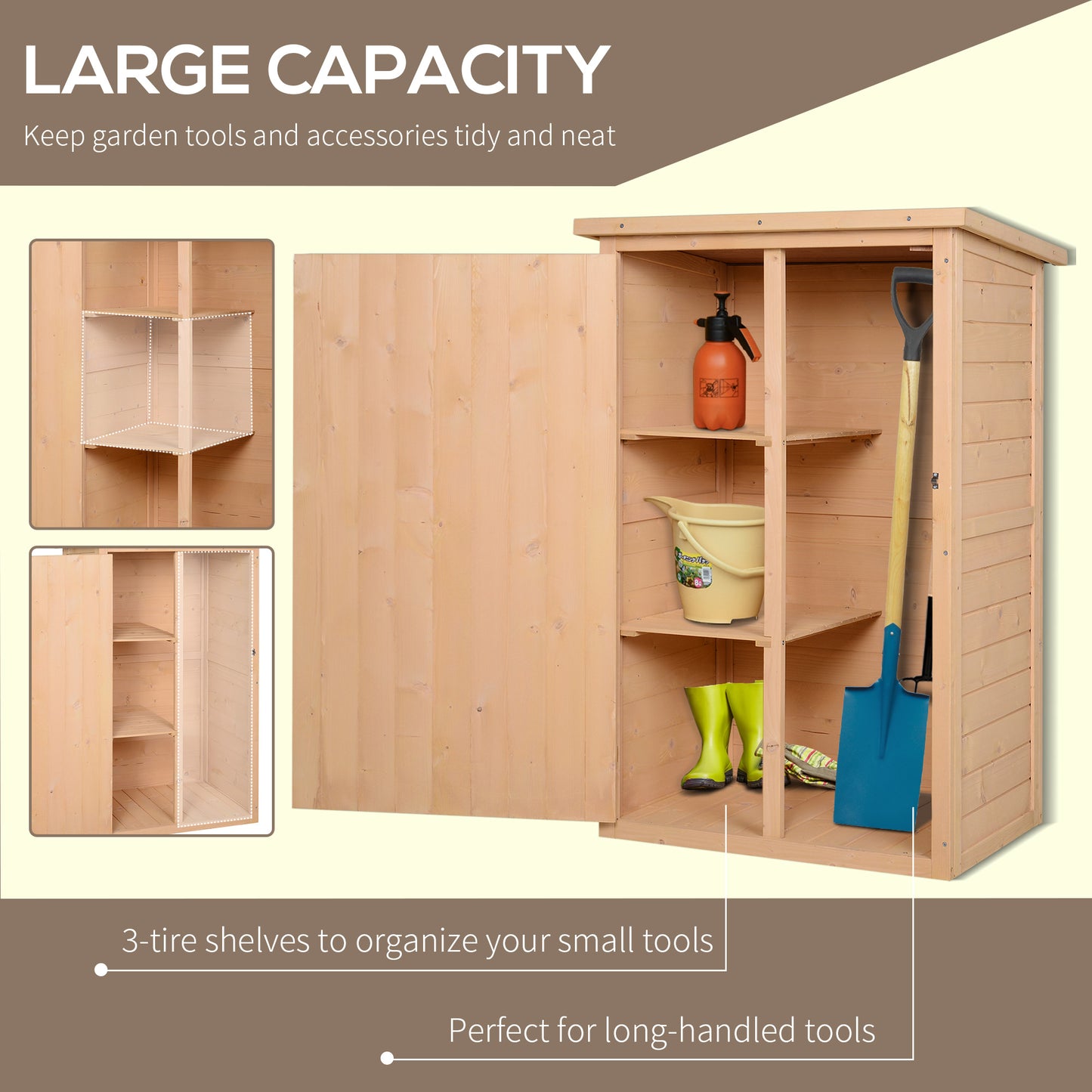 Outdoor Storage Shed, 75L x 56W x115Hcm Fir Wood w/ Shelves Wood Tone