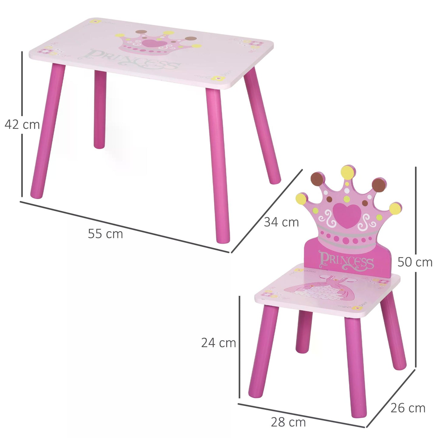 Kids Desk and Chair Set, 3-Piece, with Crown Pattern Easy to Clean Gift for Girls Toddlers Age 3 to 8 Years Old Pink