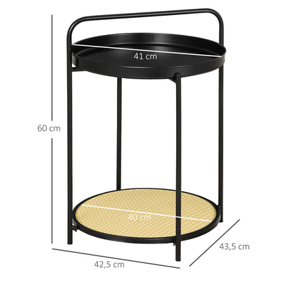 Round End Table with Detachable Tray and Plastic Rattan Shelf, End Table with Steel Frame, Black